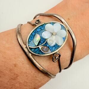 Vintage Mexico Alpaca Silver Wide Cuff Mother of Pearl Turquoise Flower